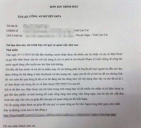 Từ chối mua hàng online, khách nữ bị đăng tin “tuyển em trai làm tình” - 1 Đơn kêu cứu của chị Ngân gửi đến cơ quan chức năng huyện Sa Pa (Lào Cai)