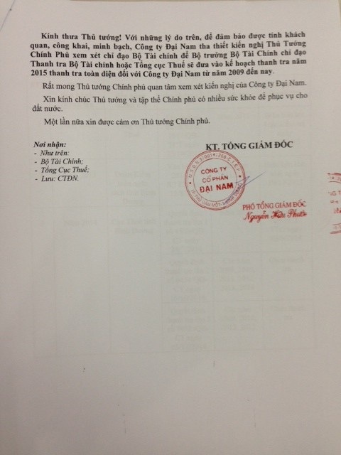 Ông Huỳnh Uy Dũng xin được thanh tra thuế toàn diện công ty Đại Nam - 3 Văn bản do Phó Tổng GĐ Nguyễn Hữu Phước ký tên và đóng dấu.
