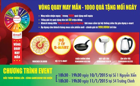 Bùng nổ khuyến mại tại Siêu thị gia dụng S-mart - 3 “Vòng quay may mắn” – mỗi ngày 1000 quà tặng miễn phí dành tặng khách hàng