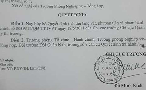 Biến hàng lậu thành hàng nội địa - 2 Quyết định hủy bỏ việc tịch thu tang vật của Chi cục QLTT Bình Thuận.