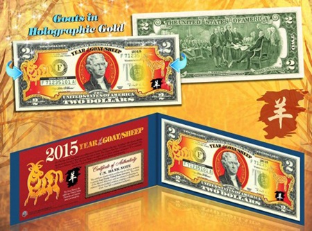 6 loại tiền lì xì độc được săn lùng nhất Tết 2015 - 1 Cận cảnh tờ 2 USD in hình dê với giá bán từ 450.000 - 500.000 đồng