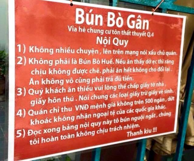 Lạ lùng: Ăn không được chê, không nói xấu chủ quán - 1 Bảng nội quy gồm 5 điều mà khách hàng cần phải biết trước khi ăn của quán Bún Gân Bò