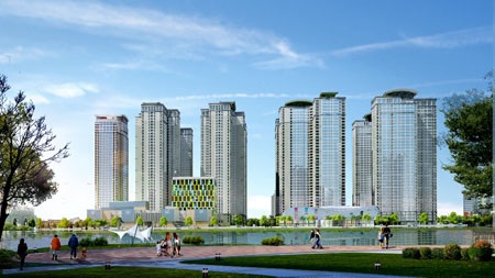 Goldmark City, vì sao hấp dẫn? - 3 Phối cảnh tổng thể dự án Goldmark City, góc nhìn từ hồ điều hòa mặt tiền dự án.