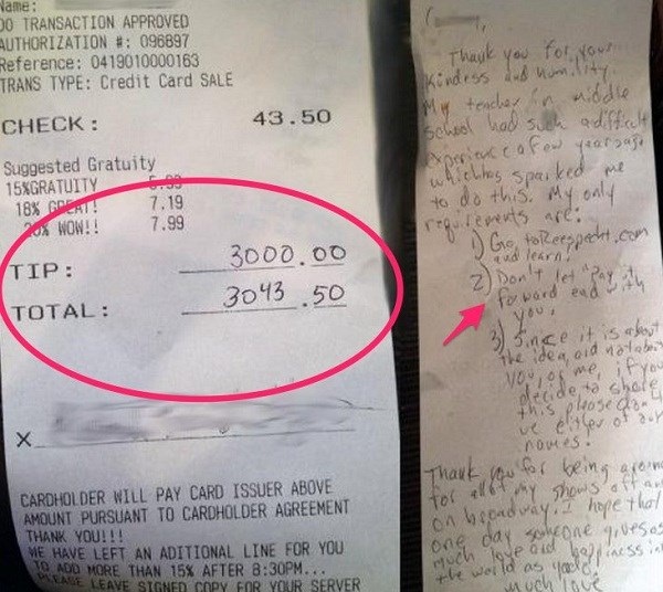 3000 đô tiền boa cho hóa đơn hơn 43 đô la của vị khách hào phóng.