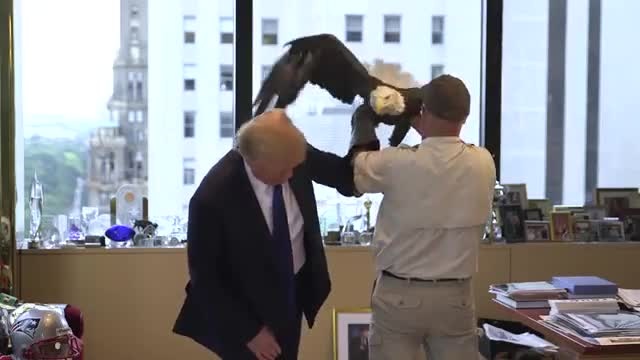 Tỷ phú Mỹ Donald Trump bị đại bàng mổ vào đầu khi chụp ảnh - 1 Bức ảnh của Trump trên tạp chí Time số ra tháng 8 chụp cùng đại bàng Uncle Sam...(Ảnh: Time)