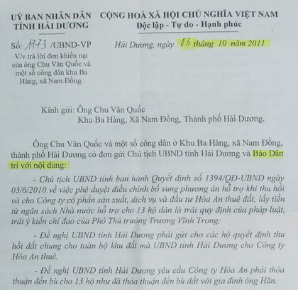 UBND tỉnh Hải Dương hồi âm Báo Dân trí - 1 UBND tỉnh Hải Dương hồi âm Báo Dân trí - 1
