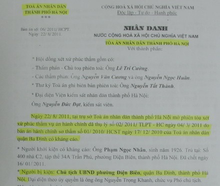 Hà Nội: Thi hành án vụ Chủ tịch phường Điện Biên thua kiện - 1 Hà Nội: Thi hành án vụ Chủ tịch phường Điện Biên thua kiện - 1
