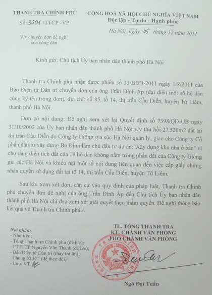 Thanh tra Chính phủ vào cuộc vụ khiếu kiện cấp sổ đỏ tại Từ Liêm - 2 Thanh tra Chính phủ vào cuộc vụ khiếu kiện cấp sổ đỏ tại Từ Liêm - 2
