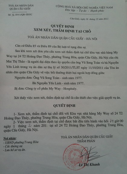 Tòa án quyết định xem xét, thẩm định tại chỗ vụ kiện nhà hàng My Way - 2 Tòa án quyết định xem xét, thẩm định tại chỗ vụ kiện nhà hàng My Way - 2