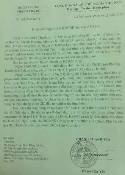 Thanh tra Bộ Xây dựng yêu cầu đình chỉ tòa nhà số 20 Núi Trúc - 3 Thanh tra Bộ Xây dựng yêu cầu đình chỉ tòa nhà số 20 Núi Trúc