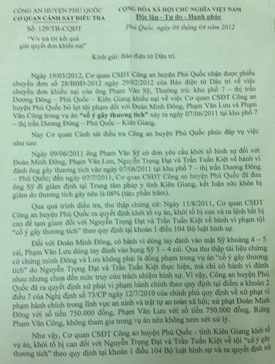 Công an huyện Phú Quốc đã xử lý dứt điểm vụ cố ý gây thương tích