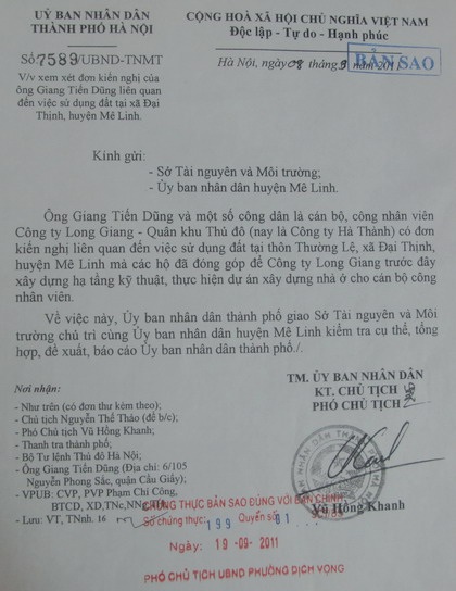 Kiến nghị dừng thi công Dự án của Công ty Hà Thành tại Mê Linh - 1 Kiến nghị dừng thi công Dự án của Công ty Hà Thành tại Mê Linh - 1