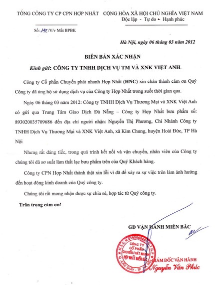 Bưu phẩm bị thất lạc, Công ty Hợp Nhất “phớt lờ” trách nhiệm - 2 Bưu phẩm bị thất lạc, Công ty Hợp Nhất “phớt lờ” trách nhiệm