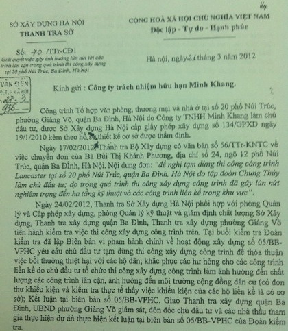 Thanh tra Bộ Xây dựng yêu cầu đình chỉ tòa nhà số 20 Núi Trúc - 2 Thanh tra Bộ Xây dựng yêu cầu đình chỉ tòa nhà số 20 Núi Trúc