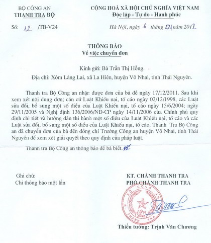Yêu cầu giải quyết vụ tố cáo hủy hoại tài sản tại huyện Võ Nhai - 1 Yêu cầu giải quyết vụ tố cáo hủy hoại tài sản tại huyện Võ Nhai - 1