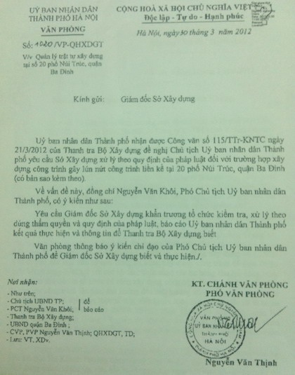 Thanh tra Bộ Xây dựng yêu cầu đình chỉ tòa nhà số 20 Núi Trúc - 4 Thanh tra Bộ Xây dựng yêu cầu đình chỉ tòa nhà số 20 Núi Trúc