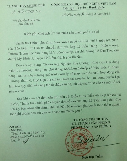 Đề nghị Hà Nội giải quyết đơn tố cáo tại Trường THPT Lômônôxốp - 1 Đề nghị Hà Nội giải quyết đơn tố cáo tại Trường THPT Lômônôxốp