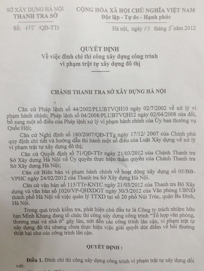 Hà Nội: Đình chỉ thi công tòa nhà Lancaster tại 20 phố Núi Trúc - 2 Hà Nội: Đình chỉ thi công tòa nhà Lancaster tại 20 phố Núi Trúc