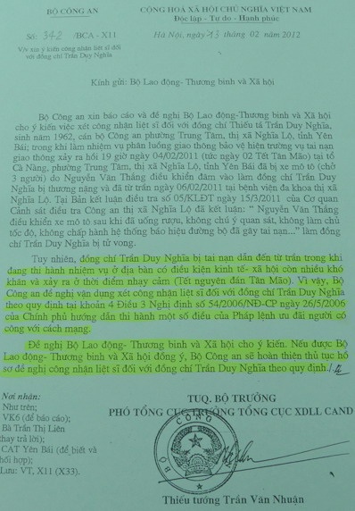 Bức tâm thư gửi Bộ trưởng Bộ Lao động, Thương binh và Xã hội - 1 Công văn đề nghị Bộ LĐTB&XH hoàn thiện thủ tục công nhận liệt sỹ
