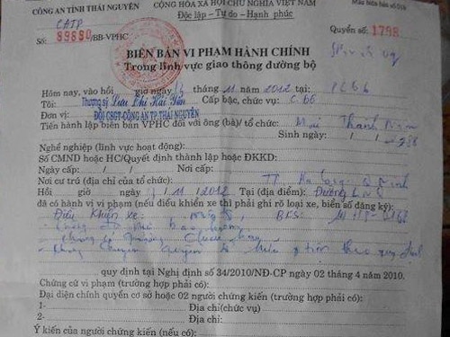 Biên bản xử phạt anh Mai Thành Nam về lỗi chưa sang tên, đổi chủ