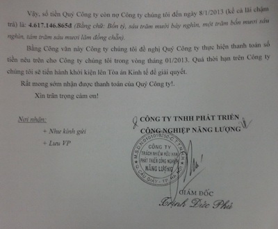 Hàng trăm lao động “mất Tết” vì mắc cạn tại dự án Sông Đà – Hà Đông - 4 Công văn của Công ty TNHH Phát triển Công nghiệp Năng lượng