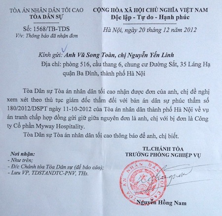 Vụ kiện mất xe tại nhà hàng My Way: Toà án tối cao vào cuộc - 2 Công văn thông báo đã nhận đơn của Tòa Dân sự-TANDTC