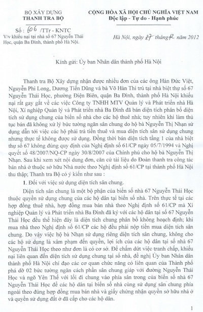 Công văn của Thanh tra Bộ Xây dựng đã điểm mặt