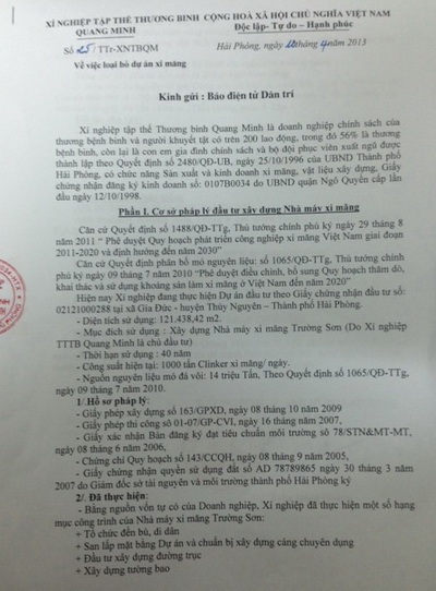 Đơn kiến nghị của Xí nghiệp tập thể Thương binh Quang Minh