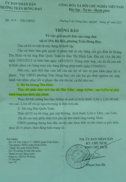 Thông báo của UBND phường Trần Hưng Đạo về những sai phạm tại số 19A