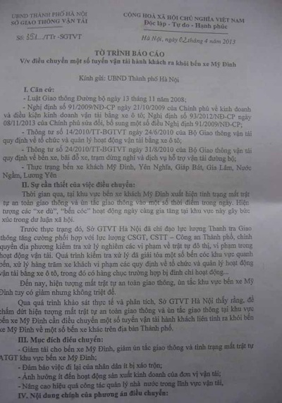 Bài 6: Bó tay trước “nhóm lợi ích” vụ “vỡ trận” bến xe Mỹ Đình - 3 Tờ trình ngày 2/4/2013 của Sở GTVT Hà Nội đã thừa nhận tình trạng quá tải của bến xe Mỹ Đình.