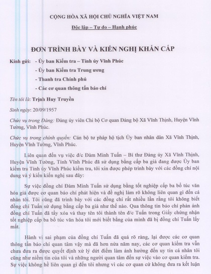 Vụ Bí thư dùng bằng giả tại Vĩnh Phúc: Người mất bằng trình báo khẩn cấp - 3 Đơn kiến nghị của ông Truyền gửi các cơ quan chức năng