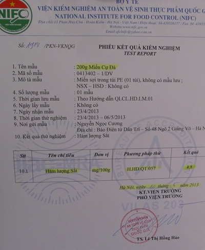 Công an Hà Nội điều tra vụ tạo màu miến bằng hóa chất độc hại - 6 Hàm lượng sắt 4,8 mg/100g miến Cự Đà vượt quá nhiều lần tiêu chuẩn cho phép