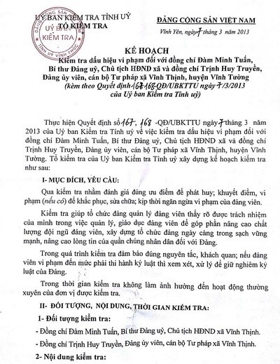 Yêu cầu xử lý kỷ luật Bí thư xã Vĩnh Thịnh sử dụng bằng giả - 2 Kế hoạch kiểm tra của Ủy ban Kiểm tra Tỉnh ủy Vĩnh Phúc