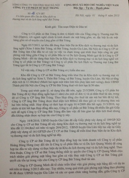 Xác định nguyên nhân vụ xô xát tại Công ty Cổ phần Sứ Bát Tràng - 1 Công văn của Công ty Cổ phần Sứ Bát Tràng gửi Báo Dân trí
