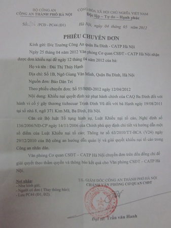 Công văn của Văn phòng cơ quan CSĐT Công an TP. Hà Nội gửi Trưởng Công an quận Ba Đình, Hà Nội