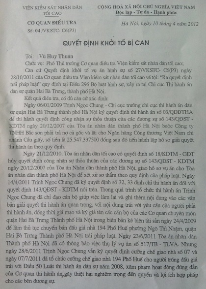 Quyết định khởi tố bị can Trịnh Ngọc Chung của Cơ quan Điều tra VKSNDTC