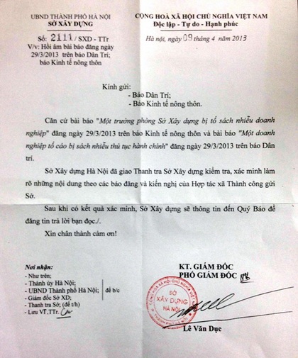Cần sớm xử lý vụ doanh nghiệp bị sách nhiễu thủ tục hành chính - 1 Văn bản hồi âm Sở Xây dựng Hà Nội gửi đến báo Dân trí