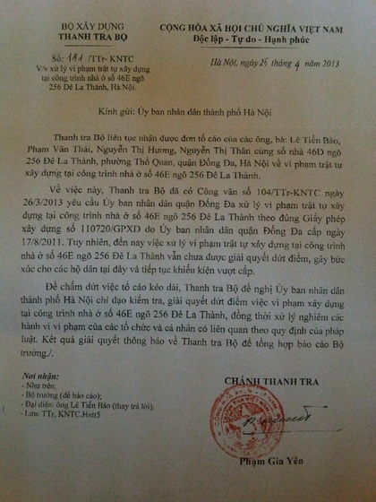 Văn bản đề nghị xử lý sai phạm của Thanh tra Bộ Xây dựng