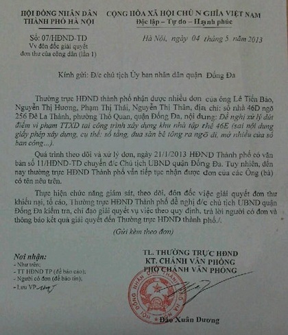 Nhức nhối vi phạm trật tự xây dựng tại phường Thổ Quan - 2 Văn bản đề nghị xử lý sai phạm của HĐND TP. Hà Nội