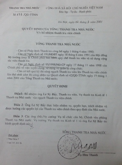 Quyết định bổ nhiệm Thanh tra viên chính của ông Lê Sỹ Bẩy