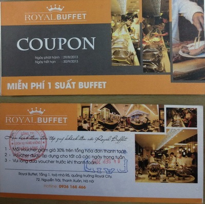 Cẩn thận với trò lừa đảo phiếu ăn buffet giá rẻ - 3 Phiếu (voucher) ăn buffet tại nhà hàng Royal Buffet ở khu Royal City (Hà Nội).