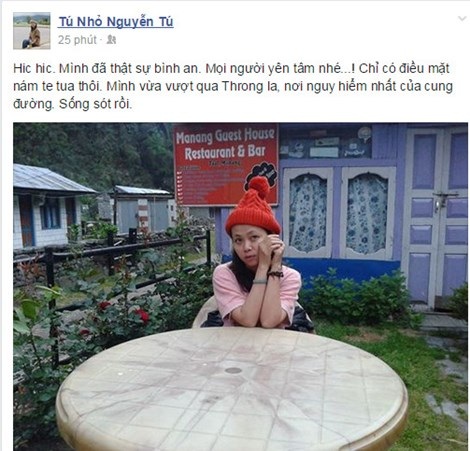Phóng viên Việt Nam kẹt lại Nepal sau động đất đã gọi điện về nhà - 1 Facebook cá nhân của PV Cẩm Tú vừa được cập nhật lúc hơn 19h hôm nay.