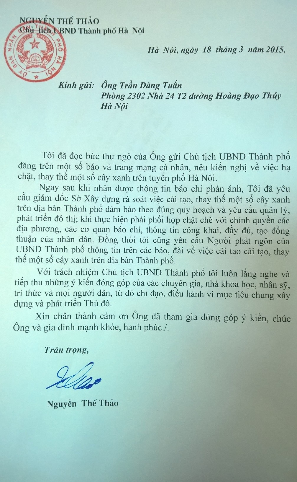 Chủ tịch Hà Nội gửi thư cho ông Trần Đăng Tuấn nói về việc chặt cây - 1 Bức thư của Chủ tịch UBND TP Hà Nội gửi ông Trần Đăng Tuấn.