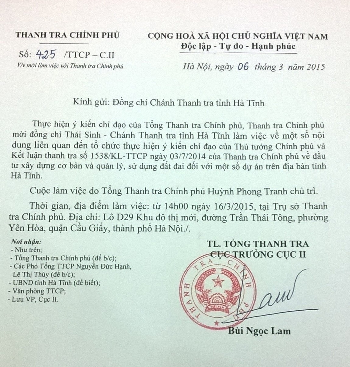 Cấp phép 70 năm cho Formosa: Mời Chánh thanh tra tỉnh Hà Tĩnh làm việc - 1 Văn bản của Thanh tra Chính phủ mời Chánh Thanh tra tỉnh Hà Tĩnh tới làm việc.