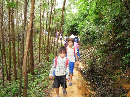Không thể lội qua sông, suối về mùa mưa, học sinh phải chọn cách băng rừng để đến lớp.