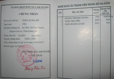 Giấy chứng nhận hộ nghèo của gia đình anh Mỹ