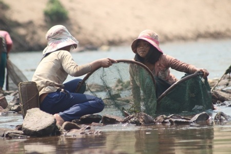 Các em lấy đá ngăn xung quanh để cá khỏi chạy
