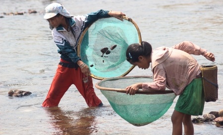 Hai em nhỏ Hồ Sinh và Hồ Hải cũng theo các chị ra sông bắt cá