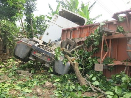 Sau khi kéo lê gốc bàng, xe container lao thẳng đến sát nhà dân mới dừng hẳn
