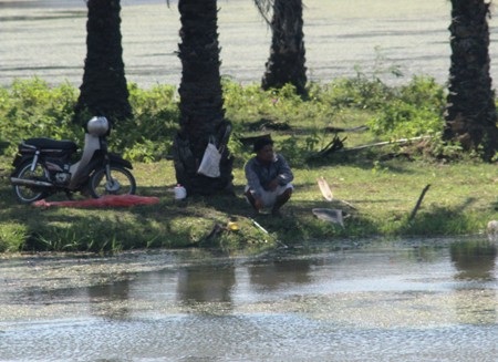 Một người đàn ông ra nghỉ mát, câu cá tại Công viên cọ dầu